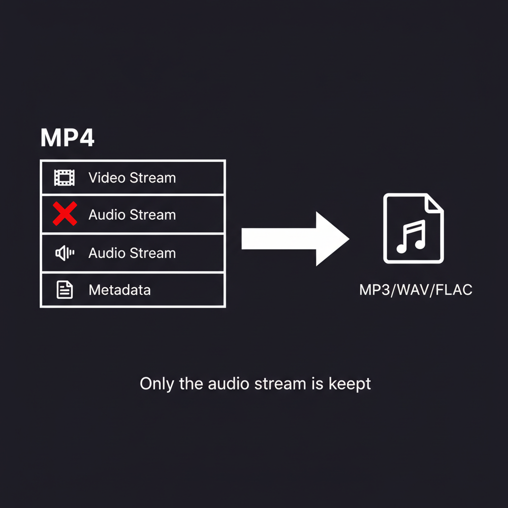 Diagram showing how a video container holds separate video, audio, and metadata streams, with only the audio stream extracted to a new file