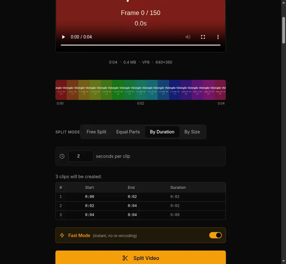 By Duration mode with 2-second intervals and 3 clips to be created