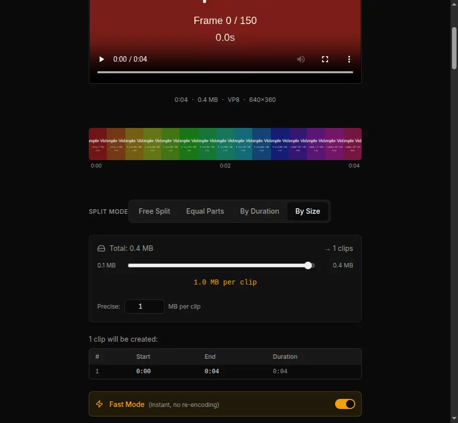 By Size mode with a slider to set target file size per clip