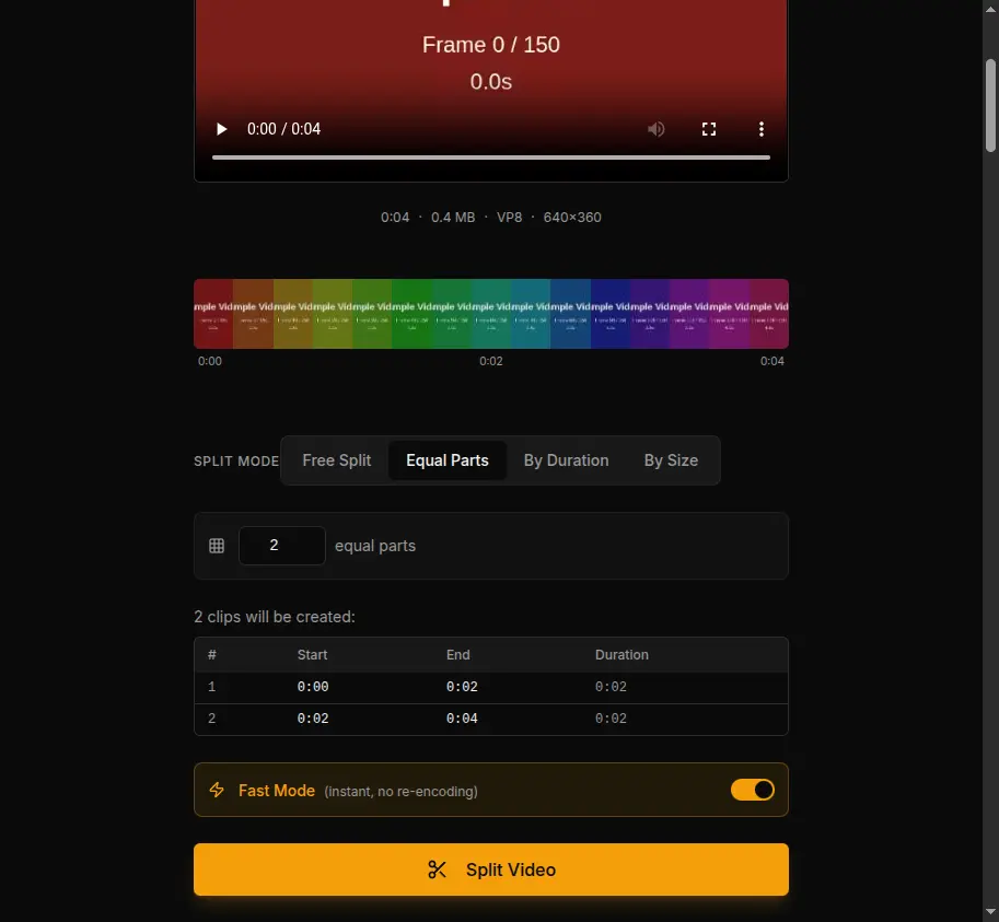 Equal Parts mode showing the segment count selector and split preview table