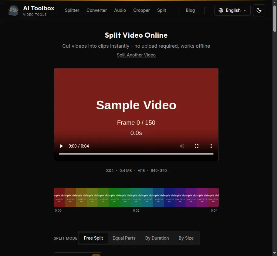 Video loaded in Free Split mode showing the preview player and timeline