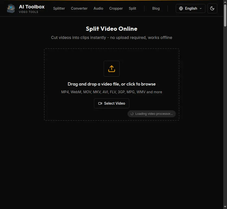 The Video Splitter upload page with drag-and-drop zone