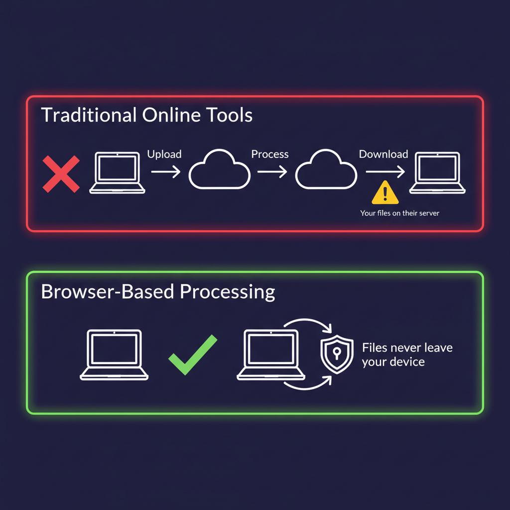 Diagram comparing traditional cloud upload workflow vs browser-based local processing where files never leave your device